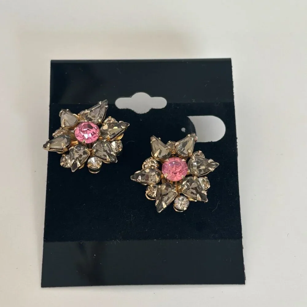 Hattie Carnegie Clip-On Earrings Pink Smoky Grey Rhinestones Jewelry Vintage - Picture 3 of 10